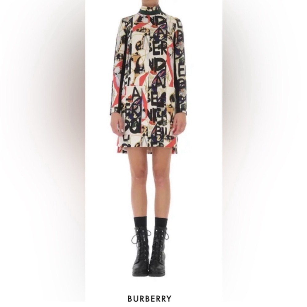 Burberry London Zoya High-Neck Graffiti Print Mini Dress Silk Wool Size 0 NWOT